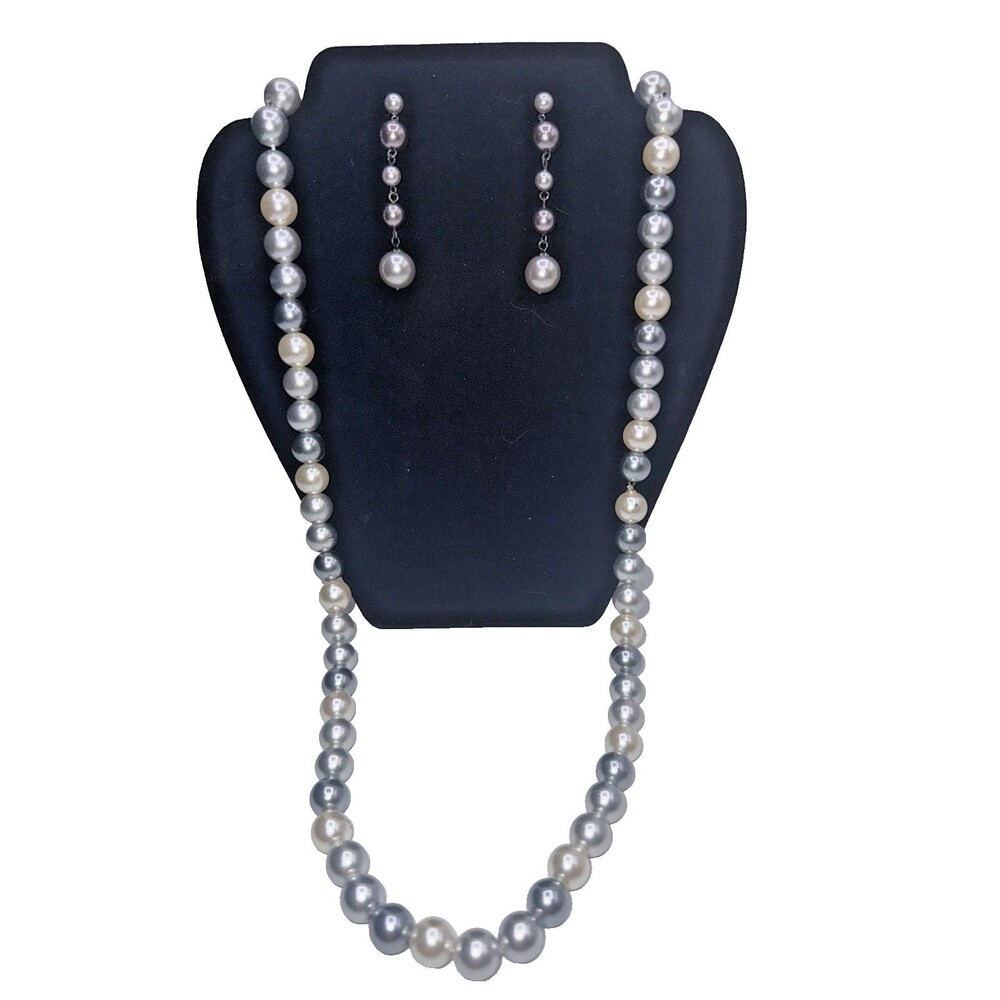VINTAGE NWOT Pearl grey  beaded 15" Necklace and matching 2.5" earrings set